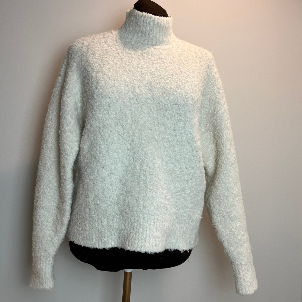 Dynamite Womens S Cream Boucle Mock Neck Sweater Fuzzy Textured Knit Wool Blend